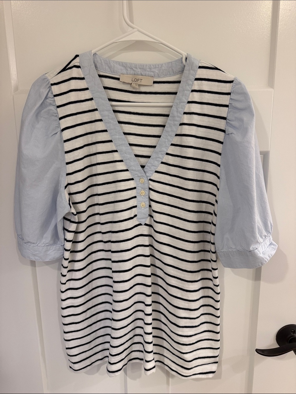 LOFT Striped V-Neck Top with Light Blue Puff Sleeves